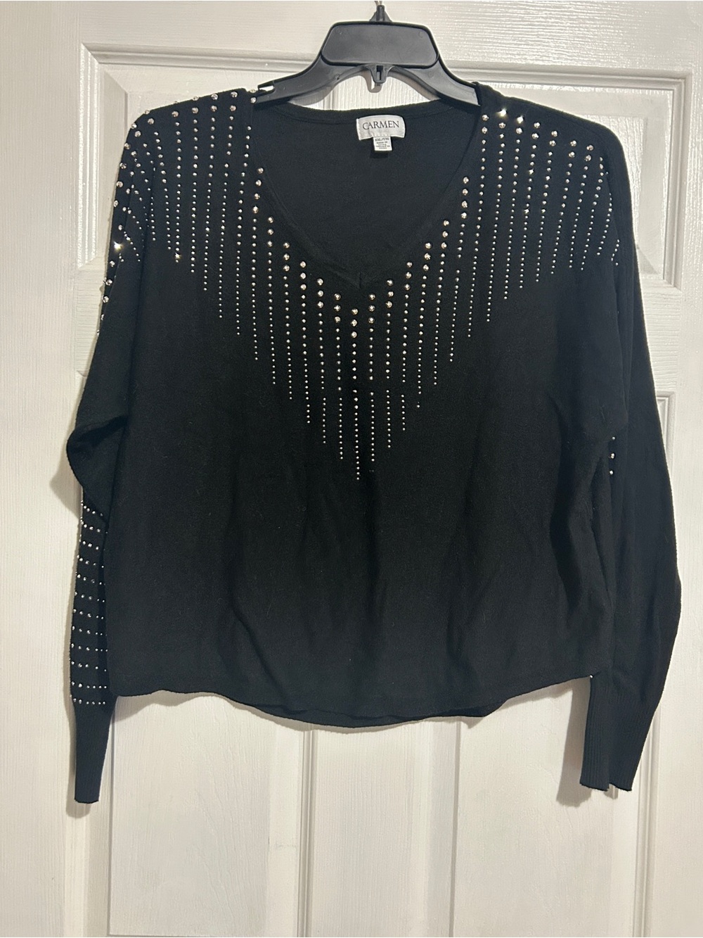 Carmen Marc Valvo Black V‑Neck Studded Sweater